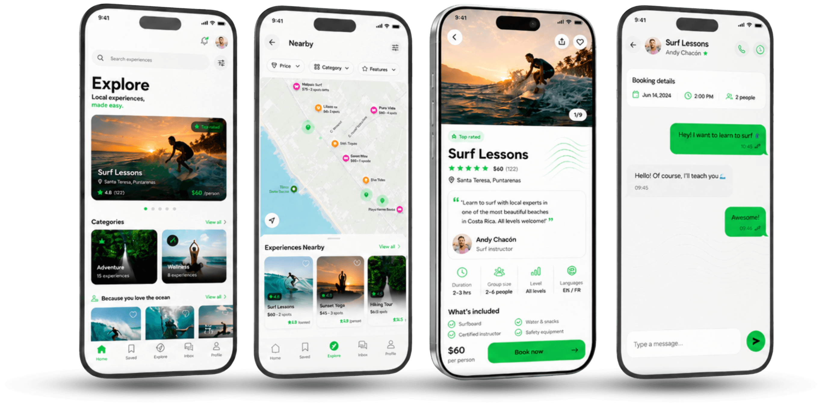 Cuatro pantallas de la app BAYÁ: explorar, encontrar, elegir y reservar
