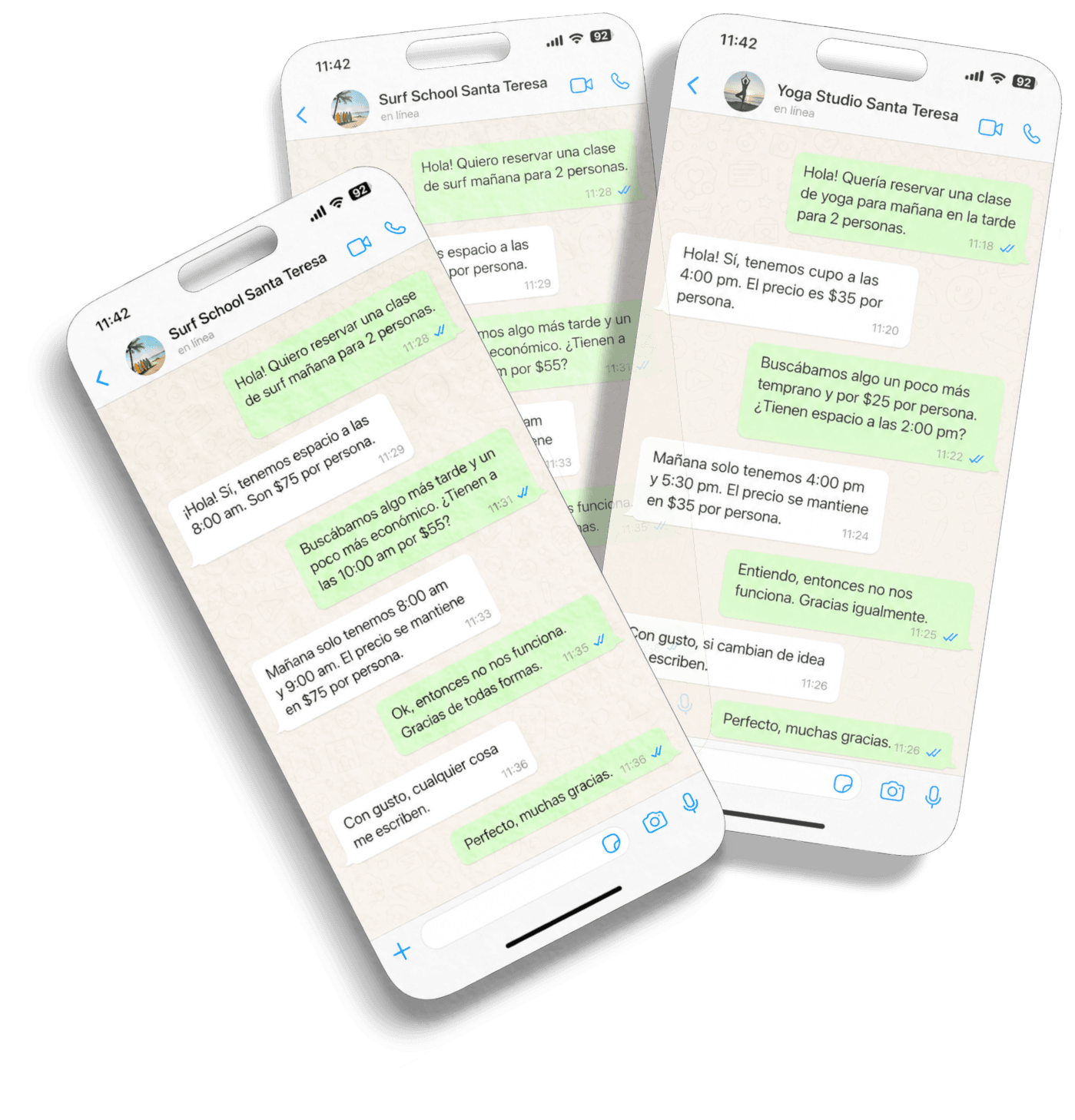 Tres conversaciones de WhatsApp negociando reservas de surf y yoga